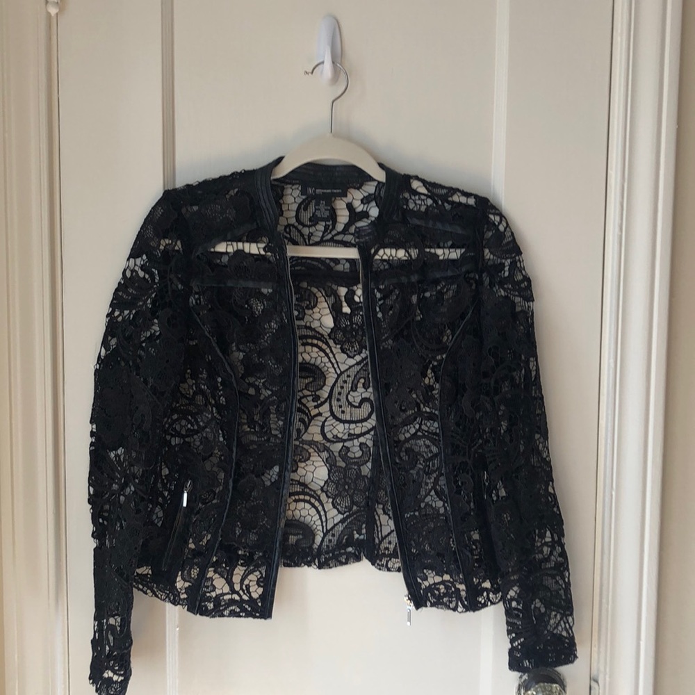 Zip up Lace jacket with faux leather trim
